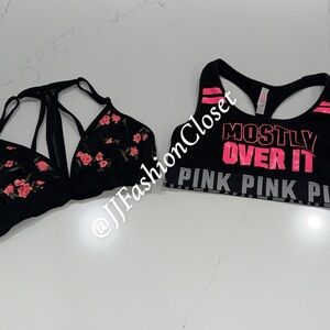 PINK Victoria's Secret Black Bra with Pink Floral Design